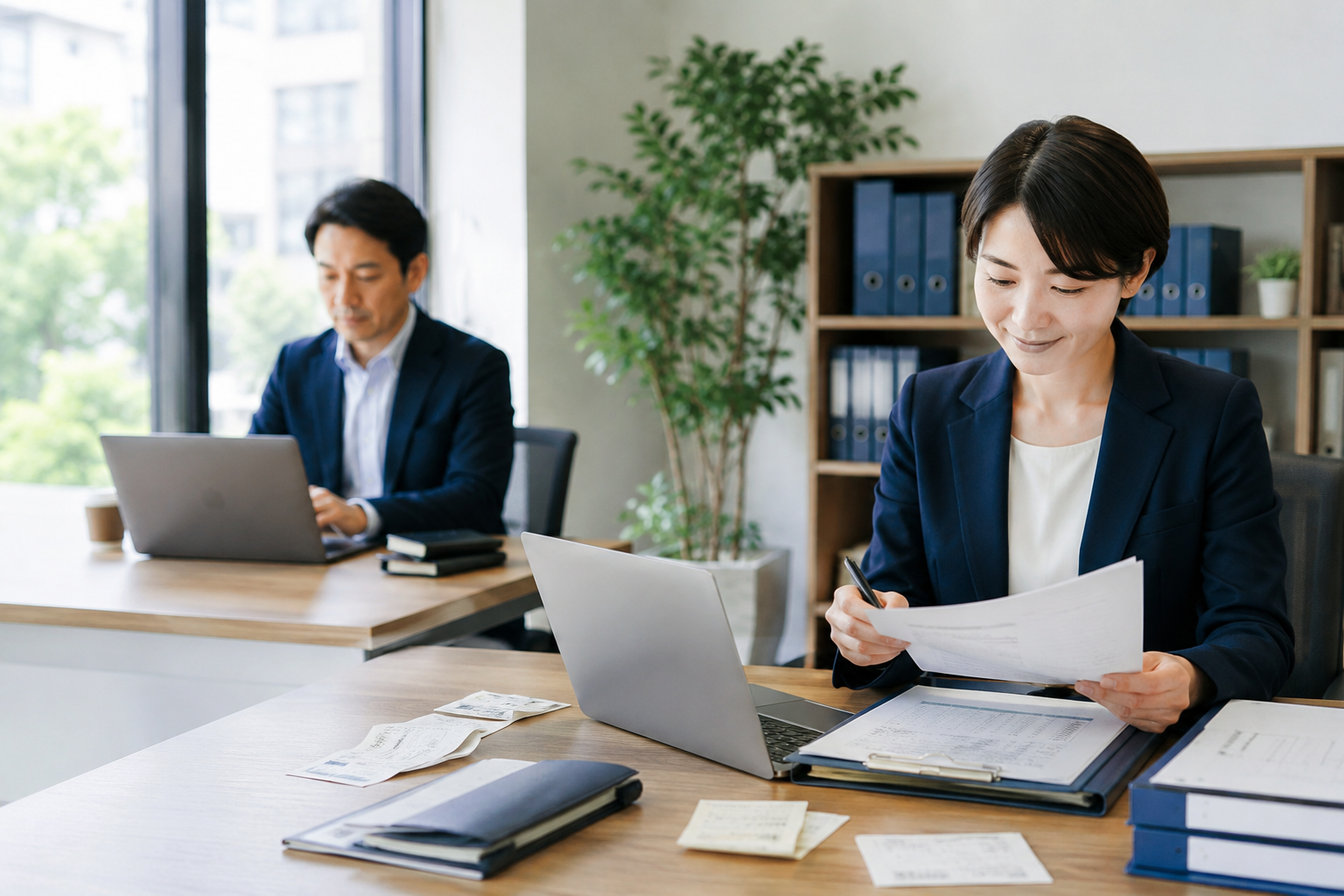 明るい会計事務所で資料を確認しながら業務を進めている様子